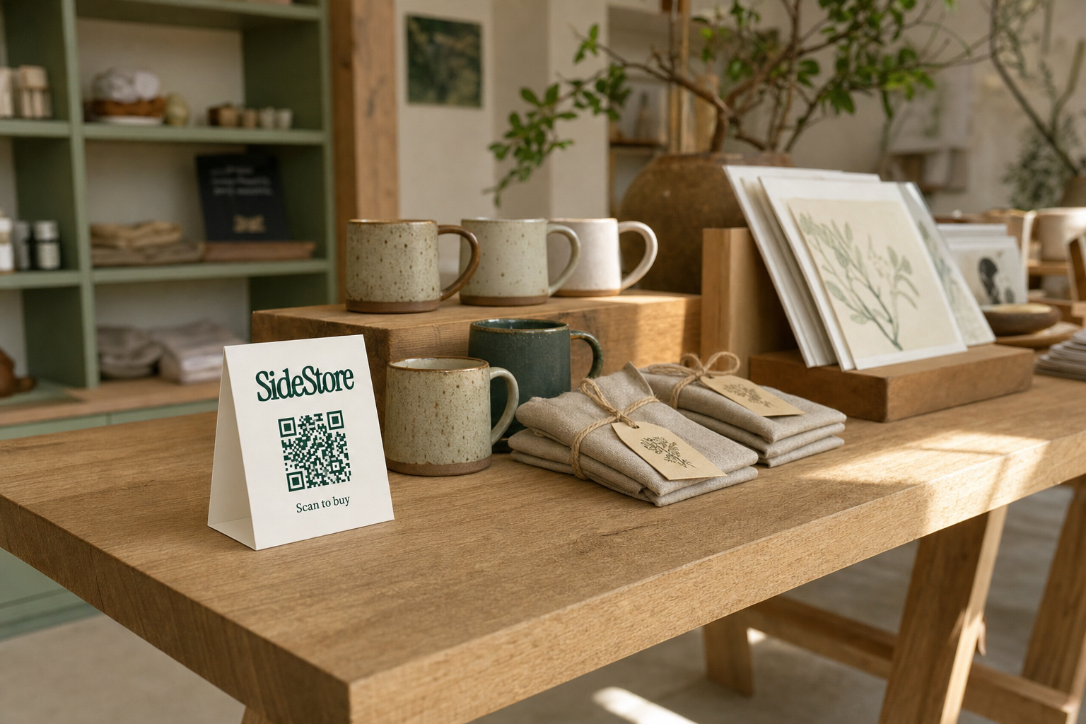 A wooden trestle table pop-up retail display with ceramic mugs, linen pouches, and small art prints arranged neatly, with an ivory folded SideStore tent card standing at the front showing a navy green QR code and Scan to buy text