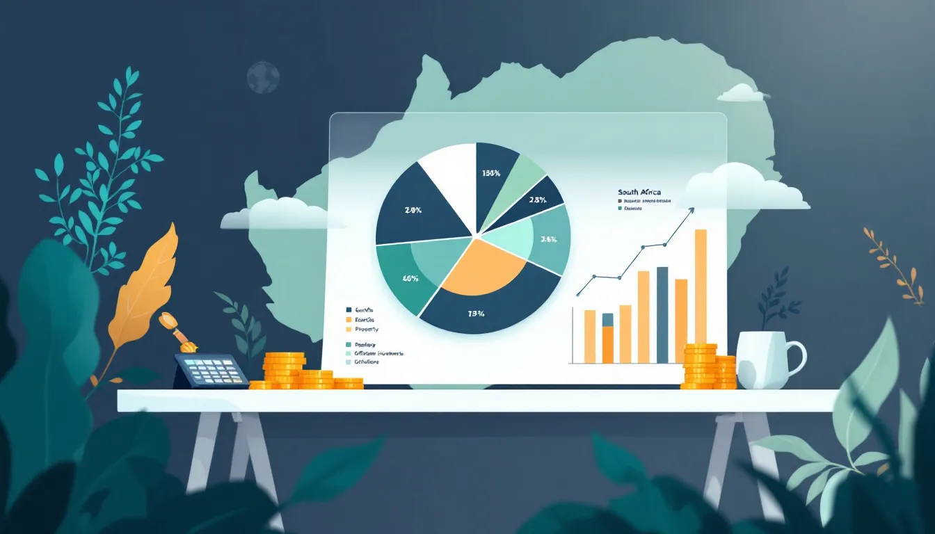 Portfolio diversification strategy illustrated as a colour-coded pie chart showing South African equities, bonds, property, cash, and offshore asset classes on a professional financial planning desk
