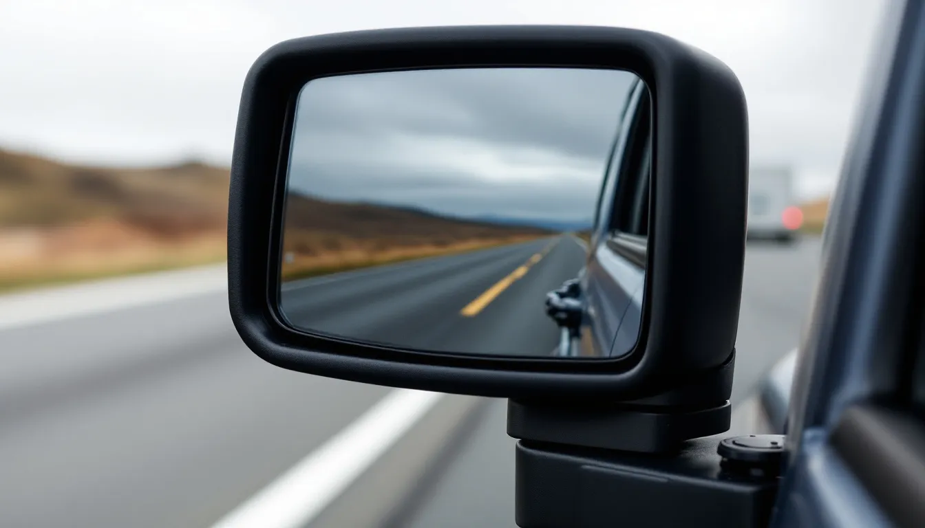 Power heated towing mirror upgrade installed on a Jeep JK Wrangler door with open highway in the background