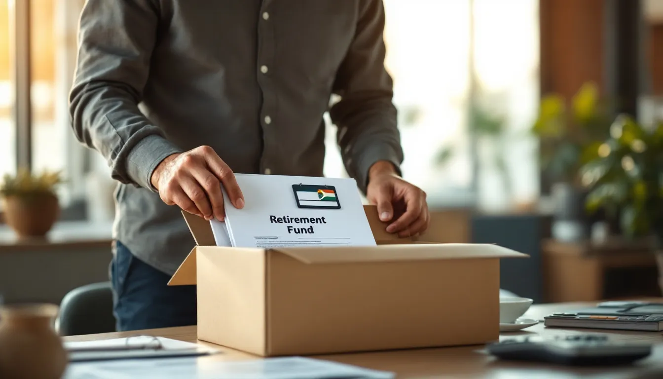 South African professional packing office belongings with a pension fund statement on the desk, representing decisions around a preservation fund when leaving a job