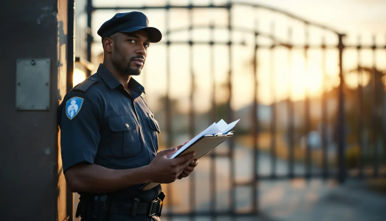 South African security guard in uniform reviewing employment and provident fund documents at a security gate, representing the Private Security Sector Provident Fund