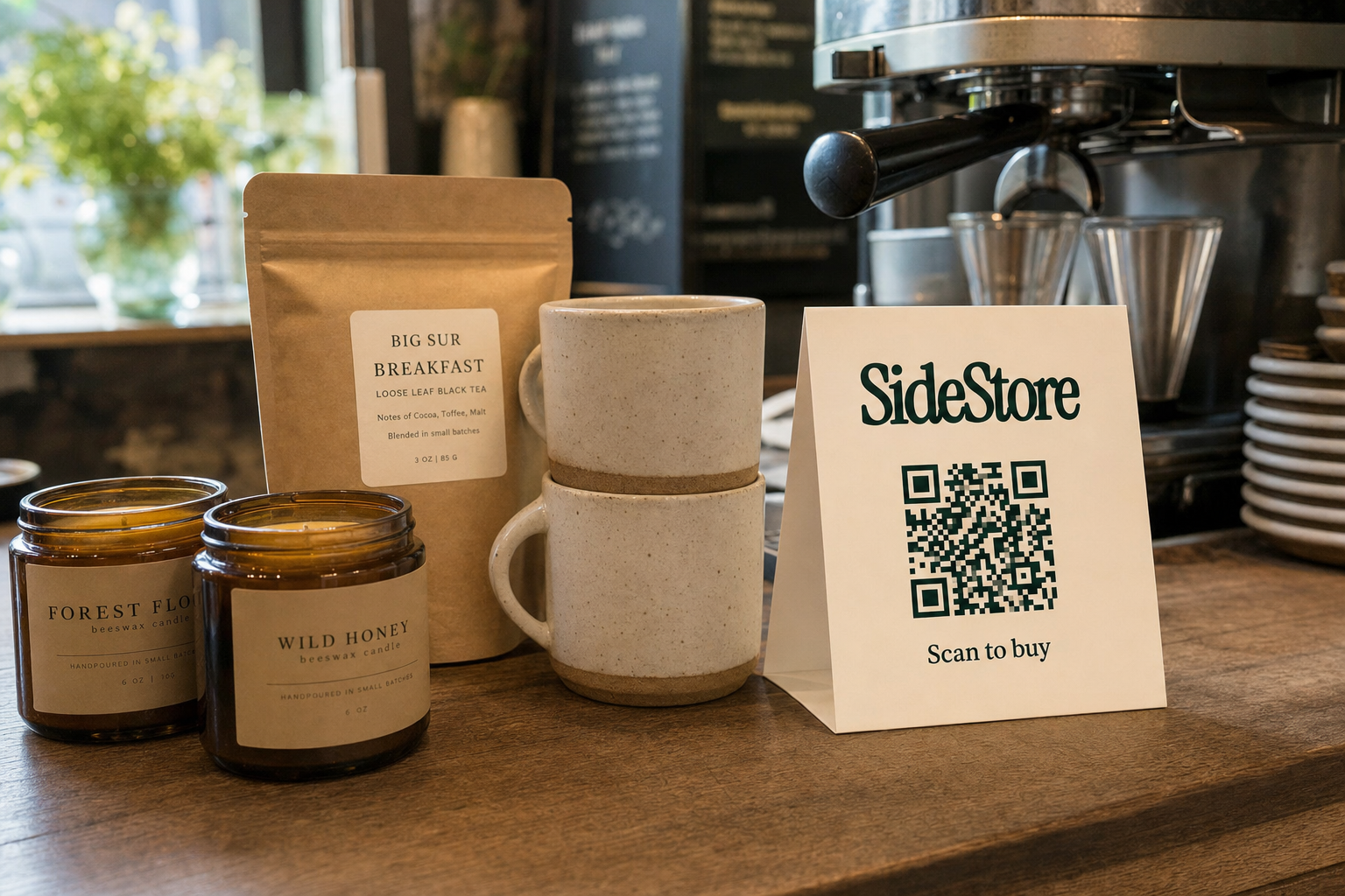 A tidy artisan product display on a coffee shop counter featuring candles, ceramics, and packaged goods alongside a standing SideStore tent card with a scan-to-buy QR code