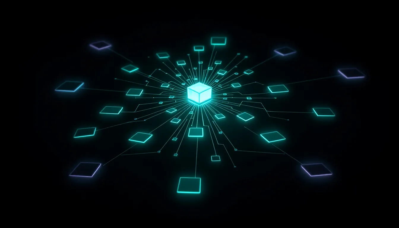 Abstract teal branching node structure with dozens of identical rectangular cards fanning outward on a dark background, representing programmatic SEO content scaling