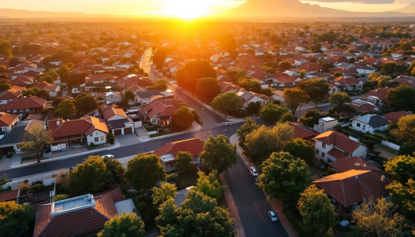 Aerial view of a modern South African suburban neighbourhood at golden hour, showing residential homes and small commercial buildings as part of a property investment strategy
