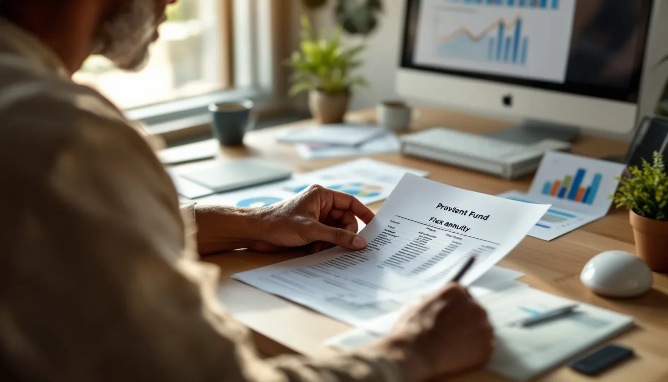 A retirement planner reviewing provident fund investment options including fixed deposits, living annuities, and ETFs at a desk, representing the decision-making process for sustainable retirement income in South Africa.