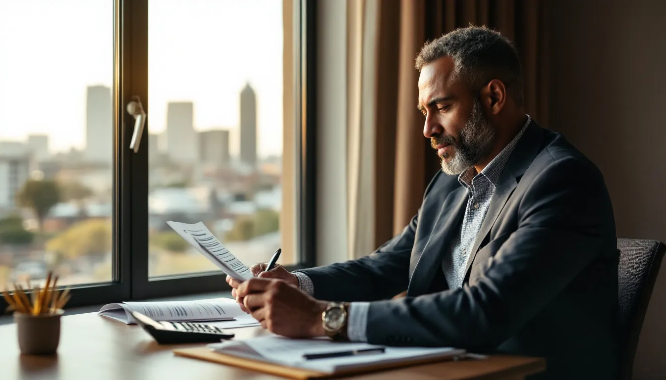 South African professional reviewing provident fund documents at a desk with a city skyline visible through the window behind him