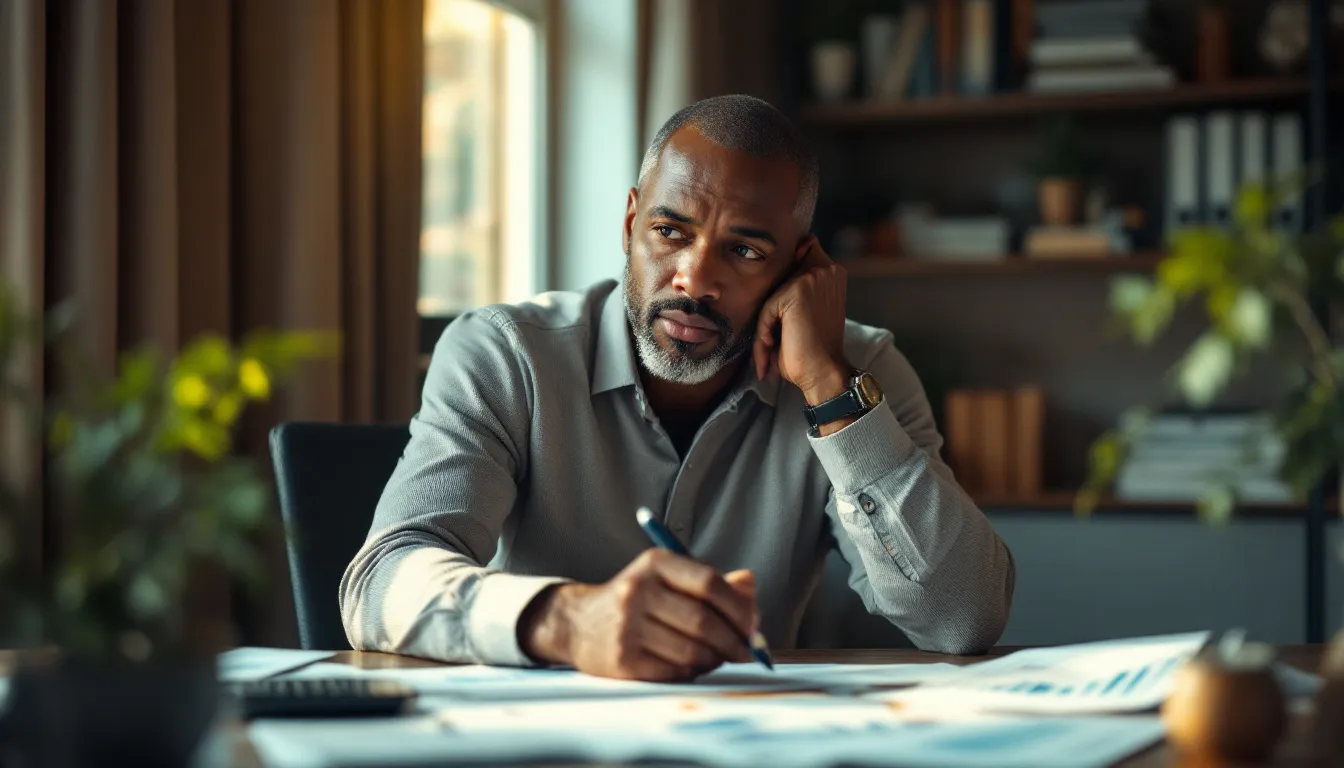 A focused man reviewing retirement planning documents at a desk, representing thoughtful financial decision-making and disciplined investment planning.