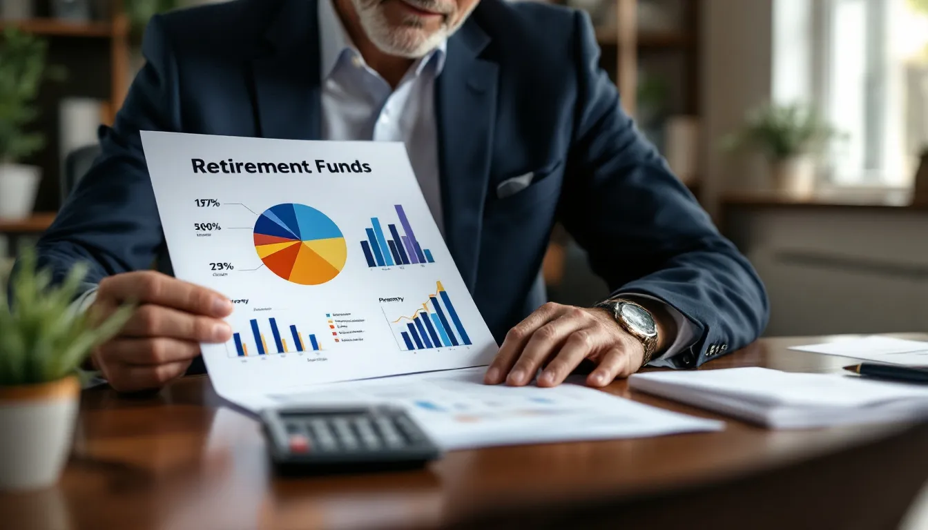 A South African financial professional reviews a printed pie chart showing Regulation 28 asset class allocation limits alongside retirement fund documents at a tidy office desk