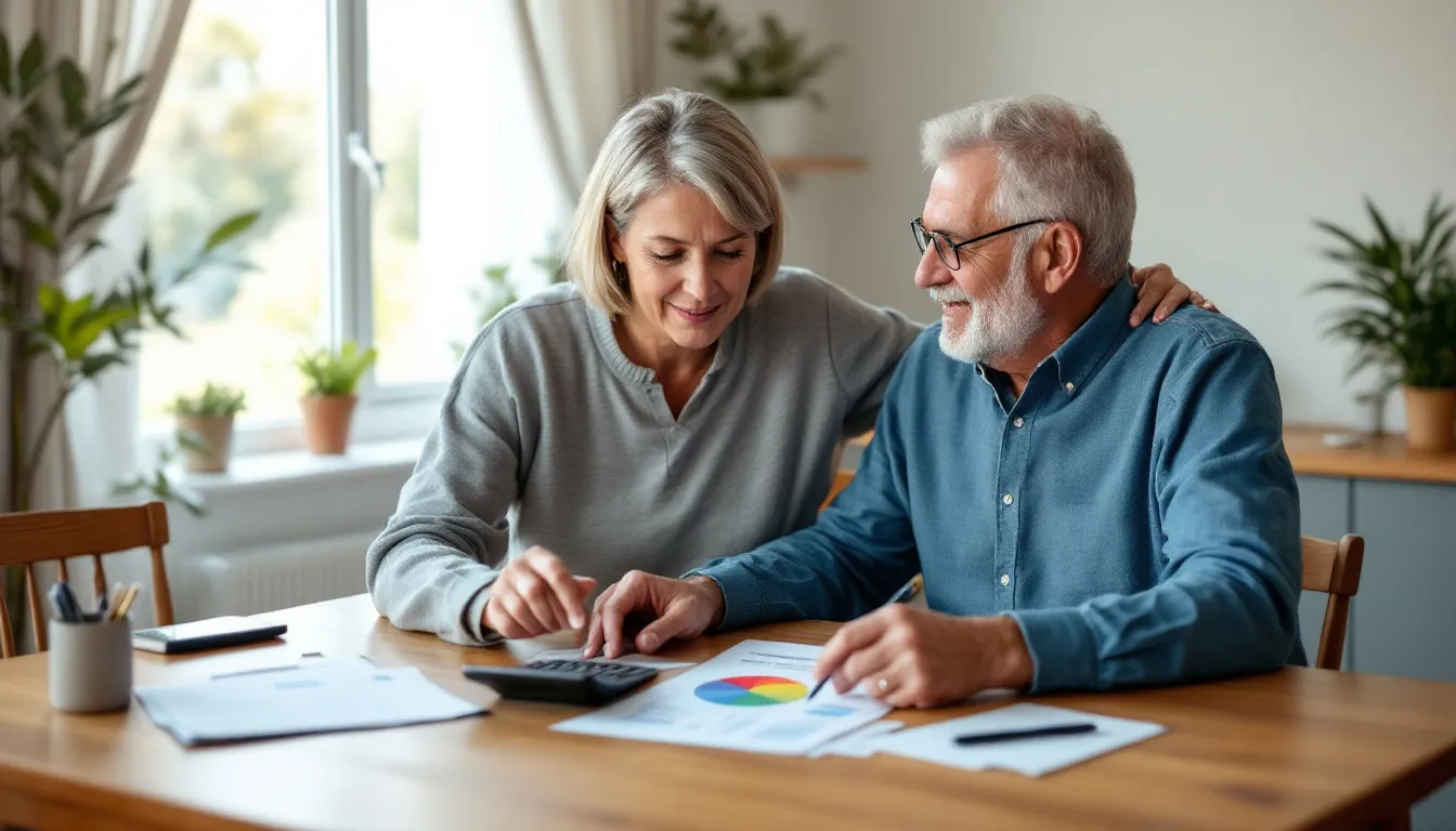 A South African couple reviewing their retirement fund portfolio allocation chart at a table, with printed statements and a calculator, illustrating Regulation 28 investment limits