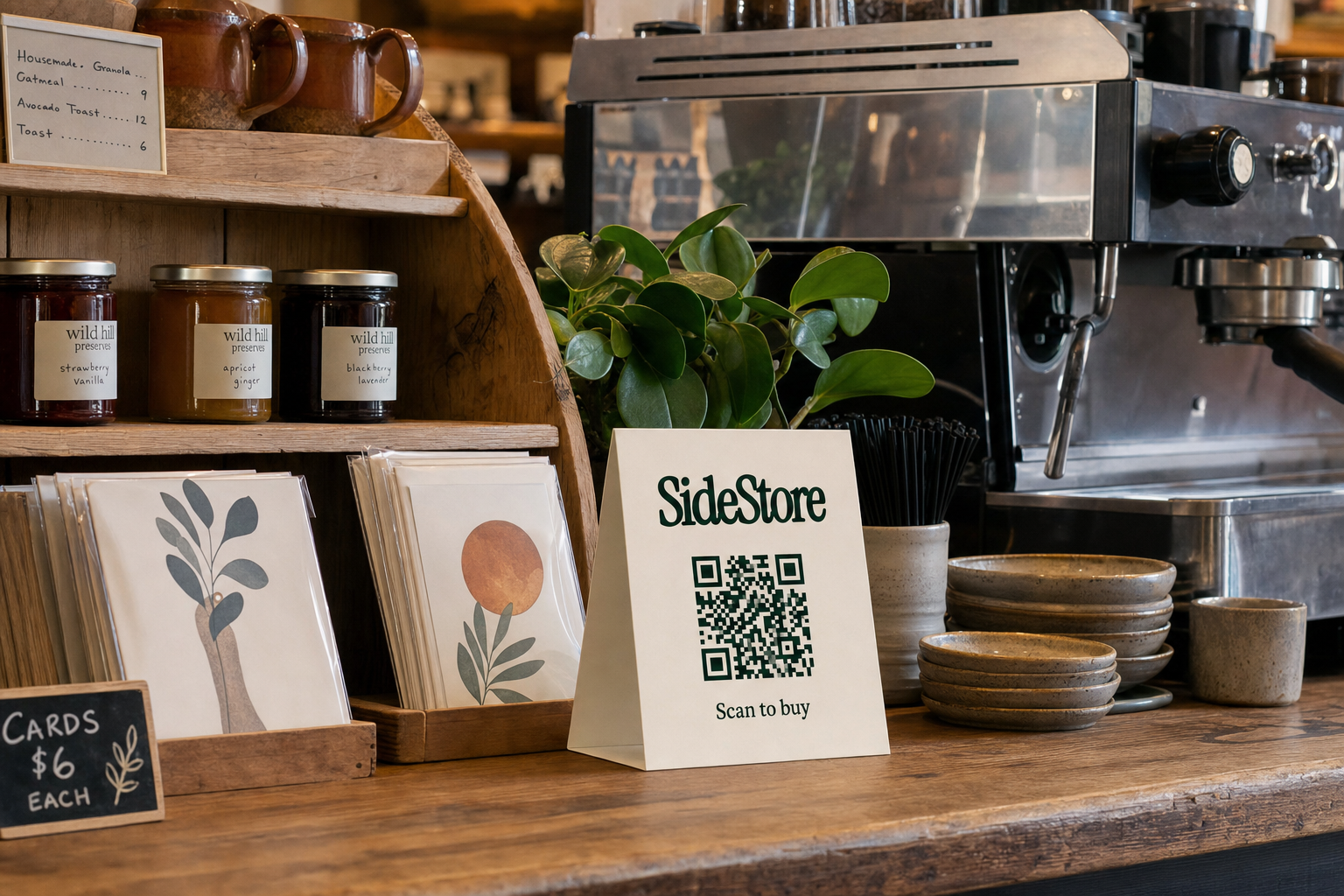 A café counter with a curated shelf of artisan ceramics, local preserves, and handmade cards beside an espresso machine, with a folded ivory SideStore tent card standing on the countertop.