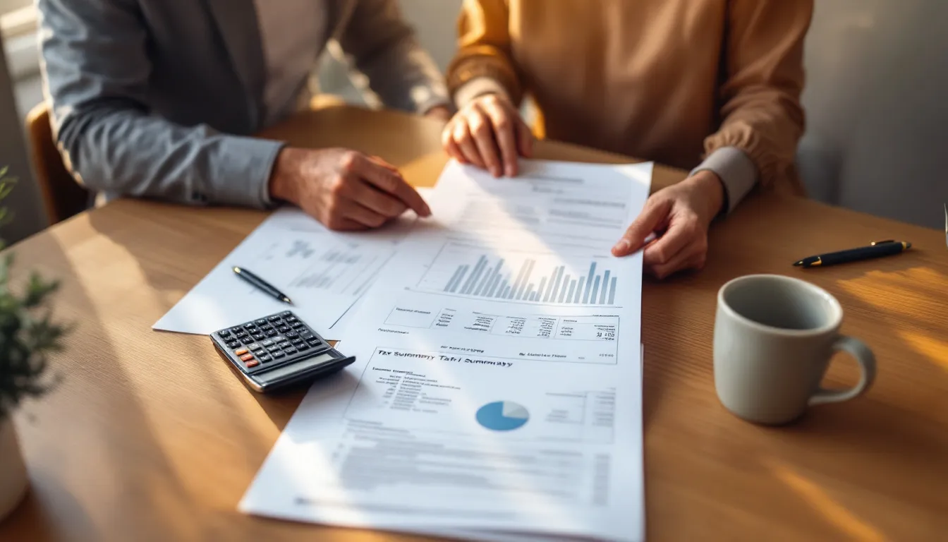 South African professional reviewing retirement annuity contribution documents at a home office desk with a calculator and coffee