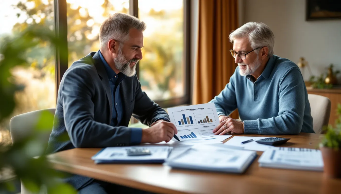 A South African couple reviewing retirement annuity and provident fund options with a financial advisor at a desk