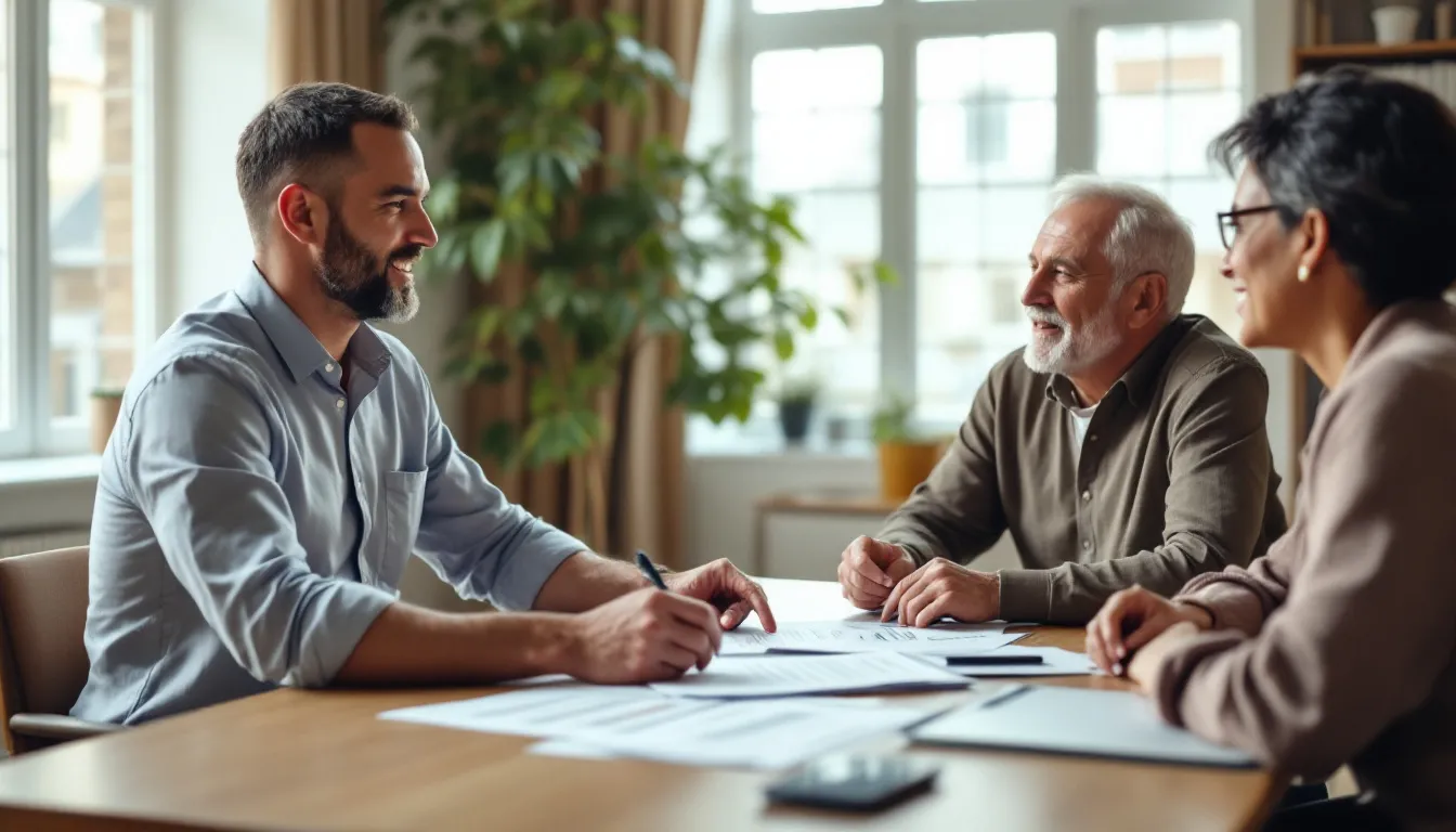 South African financial advisor discussing retirement planning documents with a middle-aged couple in a warm professional office setting