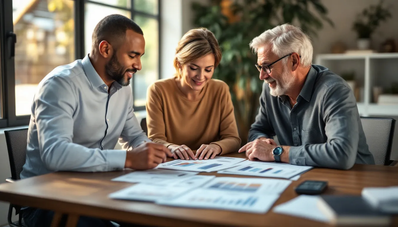 A financial advisor reviews retirement planning documents with a South African couple in their 50s at a modern office desk