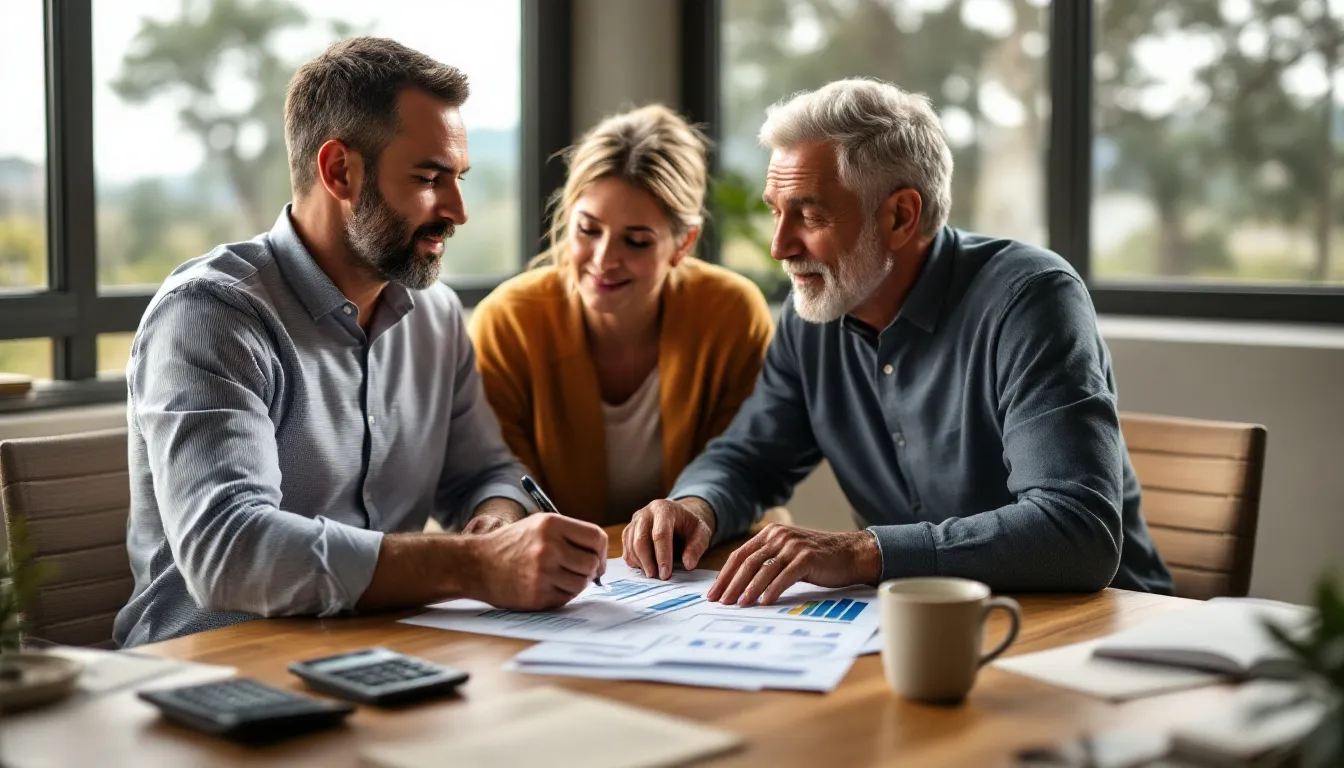 A South African financial planner reviewing printed retirement plan documents with a client couple in their fifties at a professional office desk