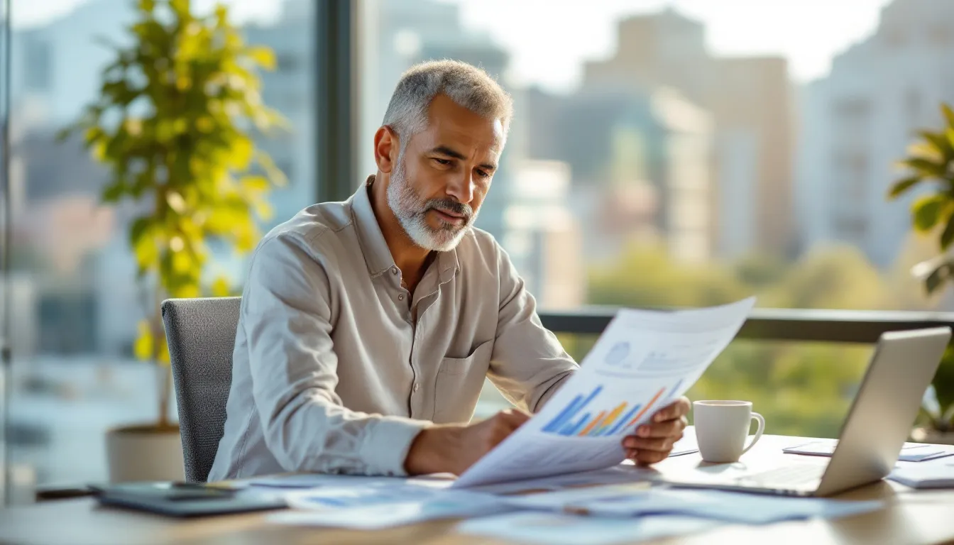South African professional reviewing retirement planning documents at a desk with a city skyline visible through the window