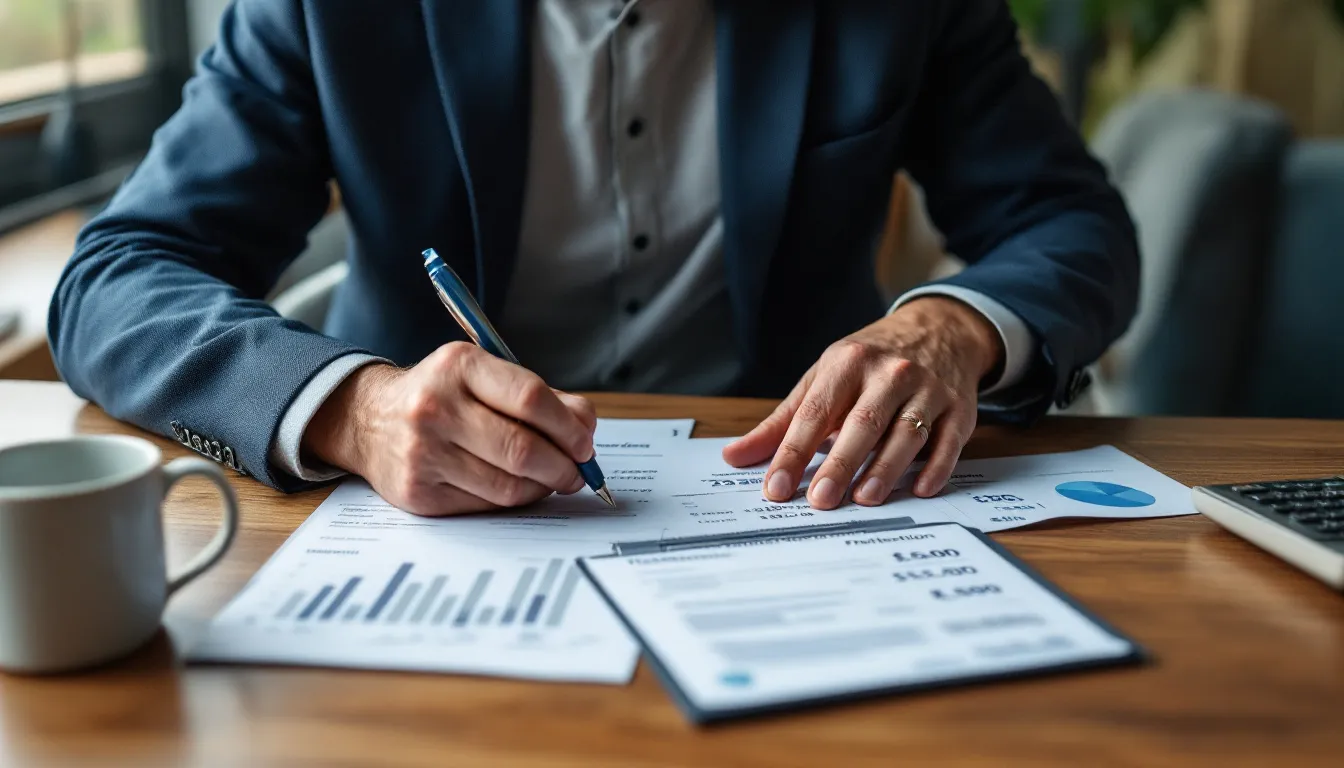 South African man reviewing printed retirement planning projections at a desk with a notepad and coffee cup