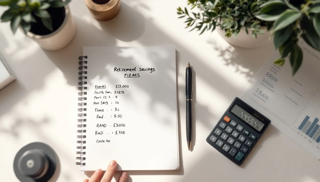 Notepad with retirement planning figures, a calculator, and a pen laid out on a neutral desk in warm morning light