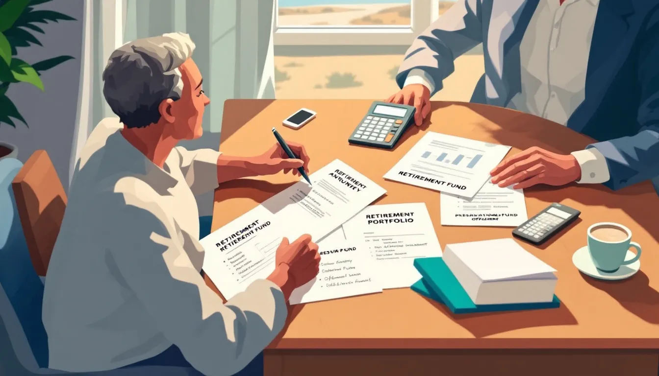 A mature South African couple reviewing their retirement portfolio documents across multiple fund structures at a table