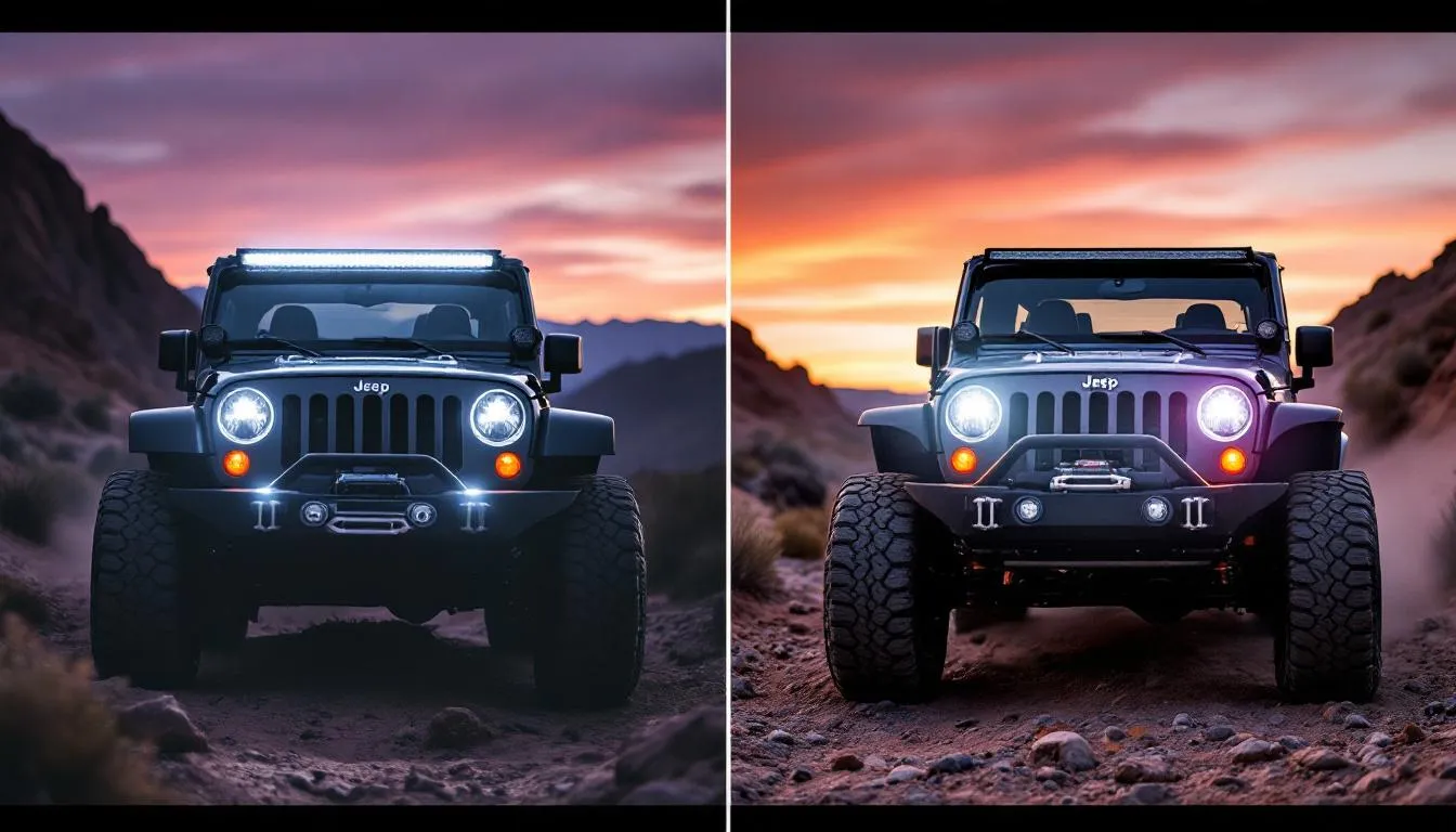 Side-by-side comparison of two LED light bars mounted on Jeep Wrangler JK hoods illuminating a nighttime trail with different beam patterns