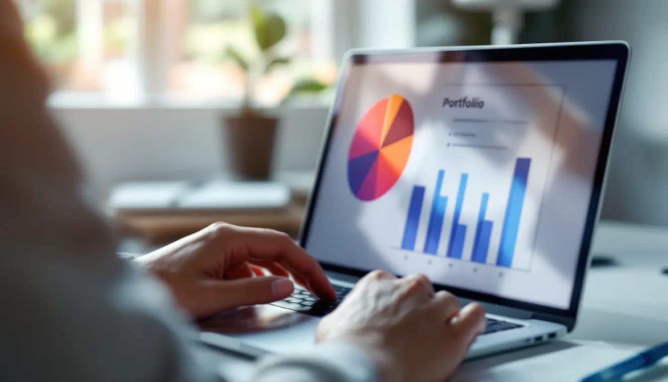 Laptop screen showing a retirement portfolio pie chart with one oversized red segment indicating risk concentration, viewed on a modern desk in a professional South African office