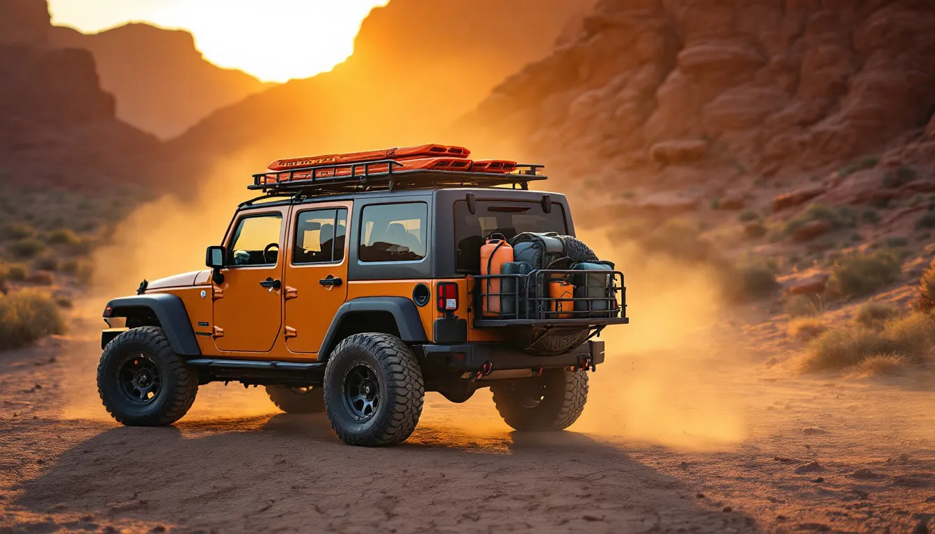 Jeep JK Wrangler JKU on desert trail showing roof rack with recovery boards versus rear hitch cargo basket with camping gear, weight capacity comparison