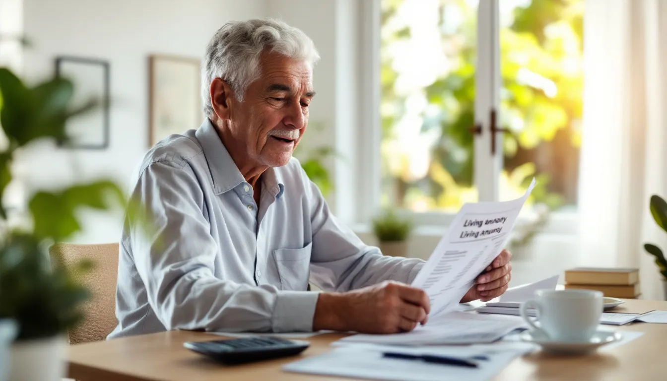 A mature South African retiree reviewing retirement income documents and annuity statements at a home office desk, symbolizing smart retirement income planning and financial decision-making.