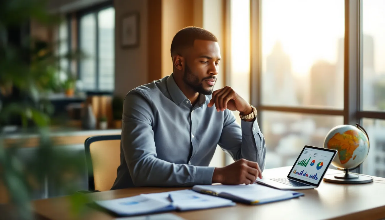 A financial advisor reviews retirement investment options with detailed charts and planning materials at a desk, representing personalized South African retirement planning