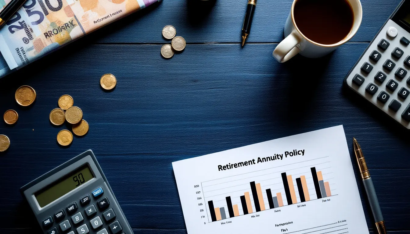 A South African retirement annuity planning desk scene showing rand coins, a printed retirement annuity policy document, a calculator, and fee comparison chart in muted blue and gold tones