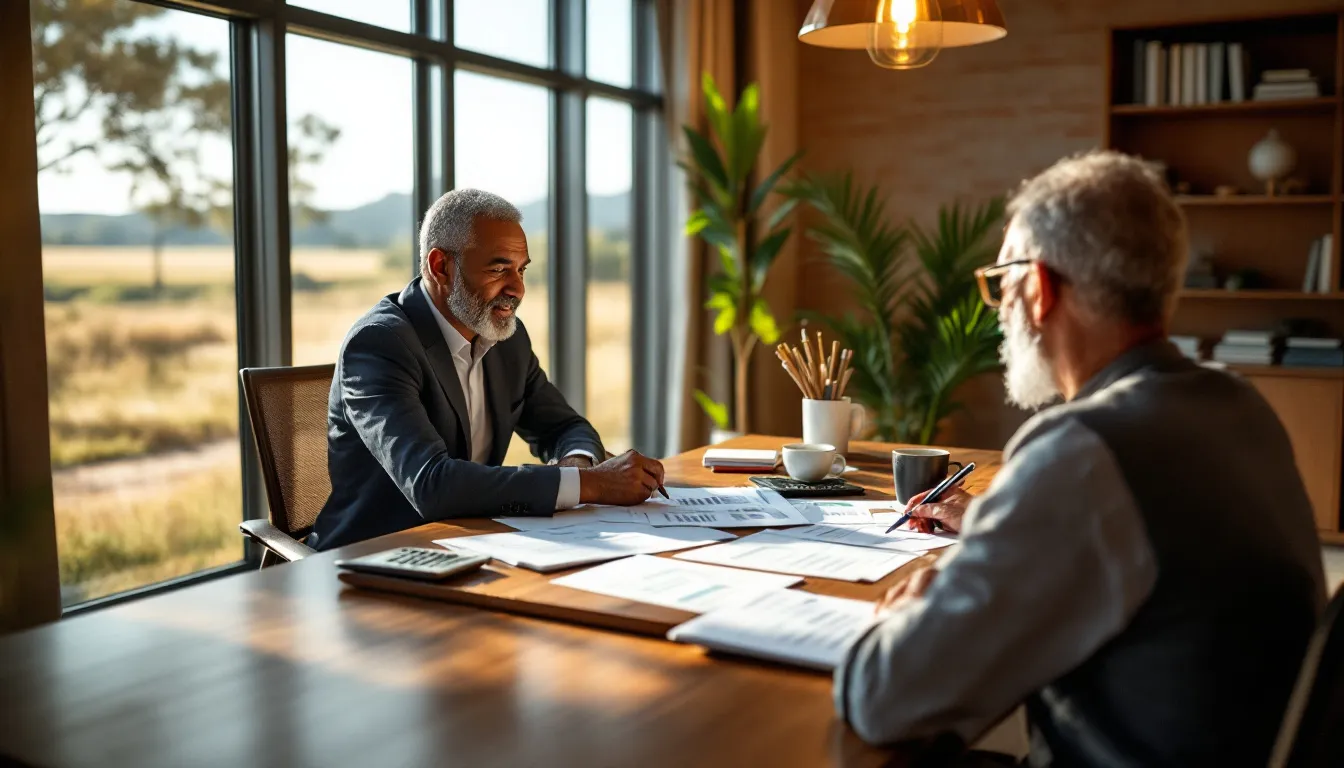 A financial adviser and client reviewing printed investment portfolio documents together in a professional South African office setting