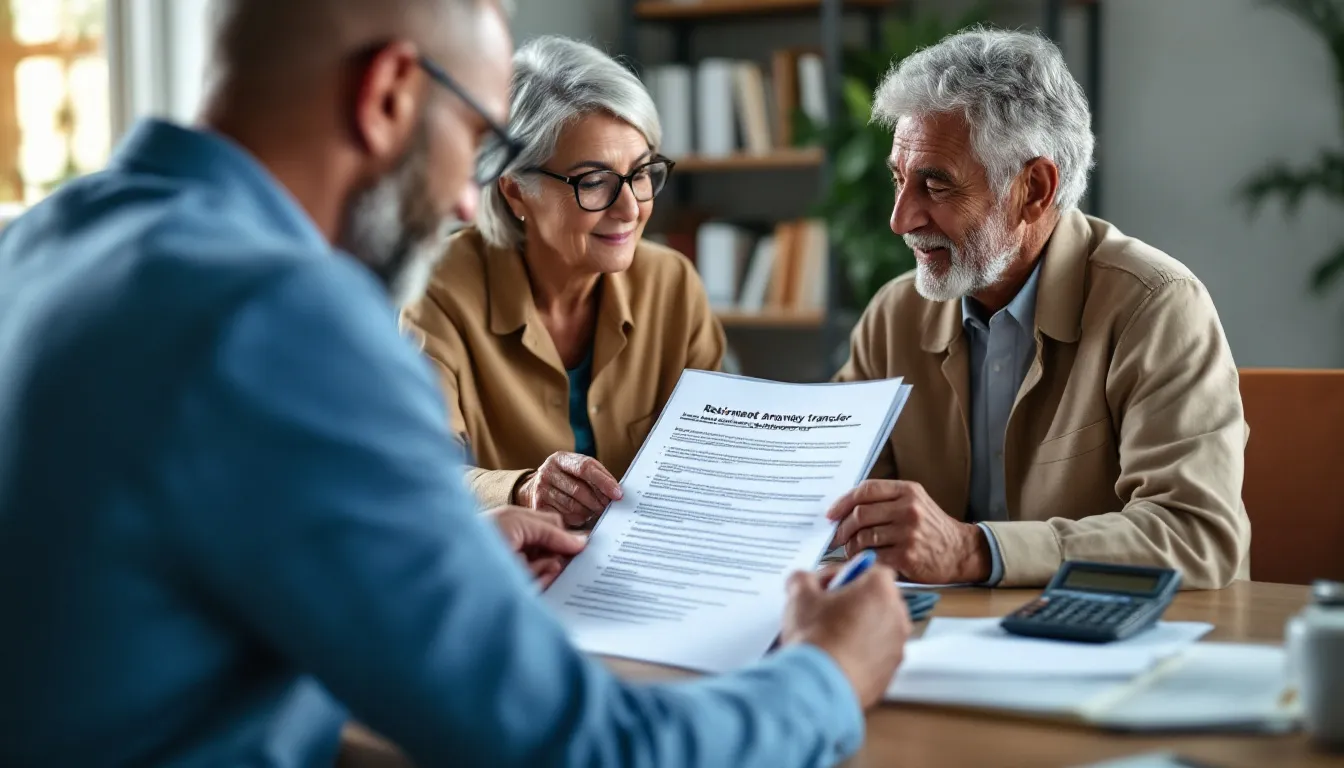 A financial advisor helping a South African couple review living annuity transfer documents at a professional office desk