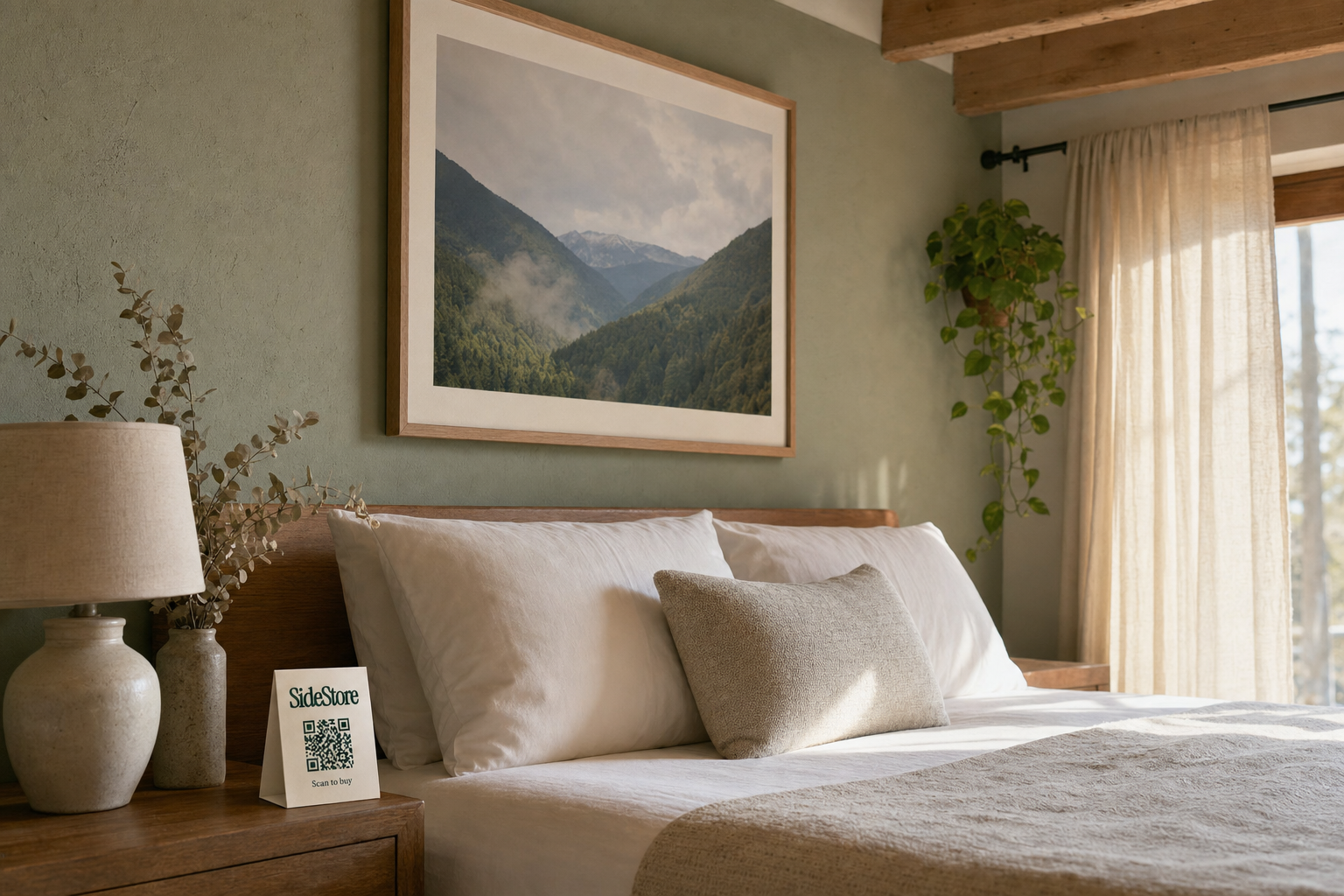 A framed fine-art photography print hanging above a hotel bed, with a folded SideStore QR tent card standing on the bedside table beside it, in a warm boutique hotel guest room.