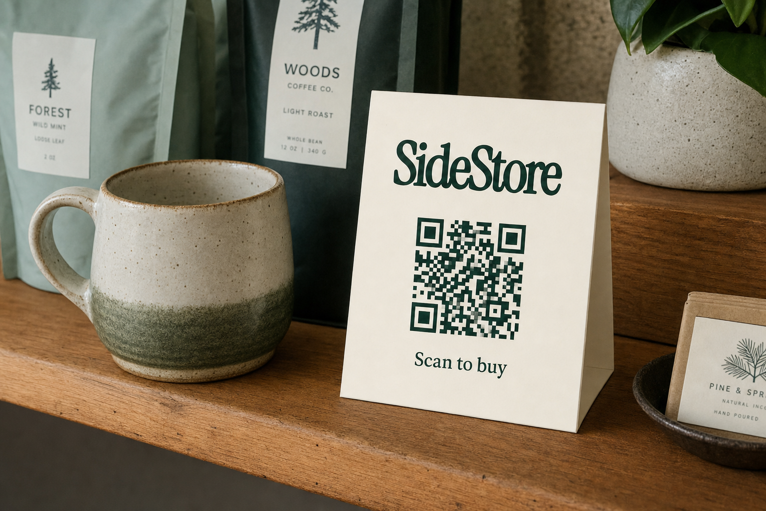 A handcrafted ceramic mug on a cafe shelf next to a folded SideStore tent card with a printed QR code, styled for consignment display