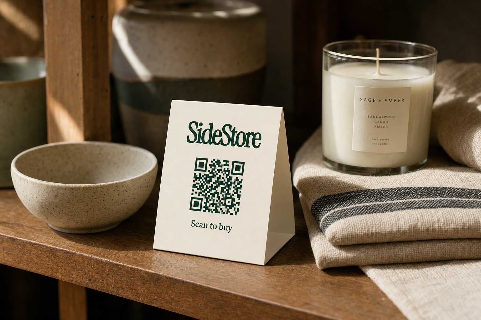 Handmade ceramic, candle, and textile products displayed on a boutique wooden shelf beside a standing ivory SideStore QR tent card for consignment checkout.