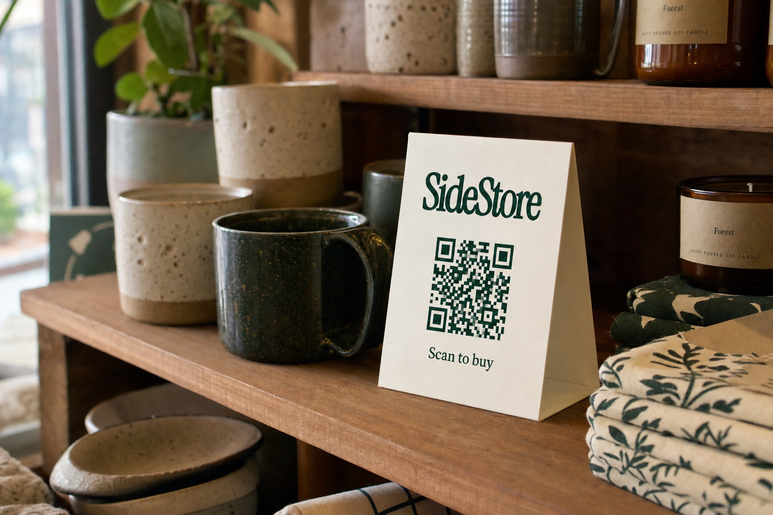 Handmade ceramic mugs and artisan goods arranged on wooden cafe shelving beside a standing ivory tent card with a navy green QR code