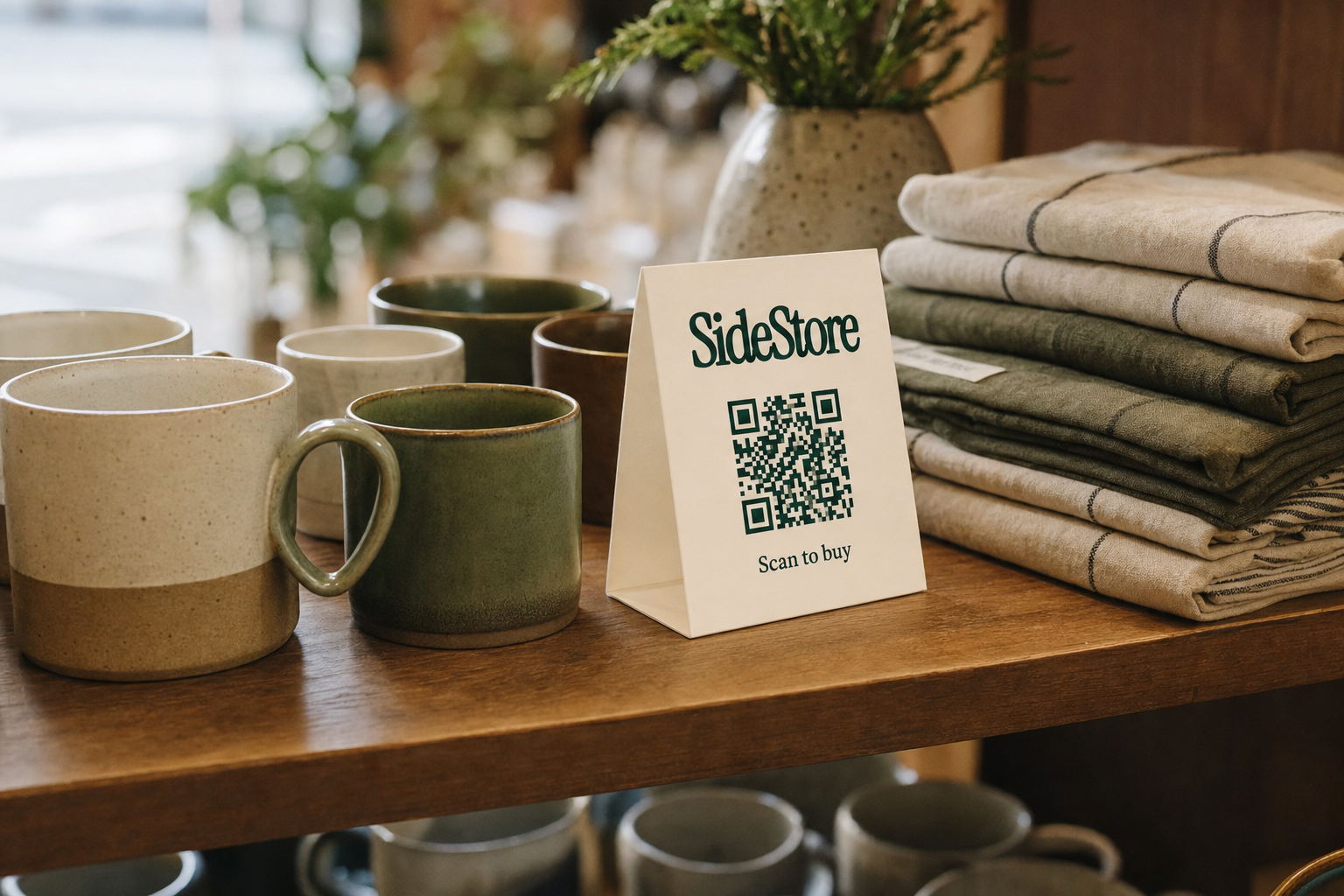Handmade ceramic mugs and linen textiles arranged on a wooden boutique shelf beside a standing ivory SideStore tent card with a navy green QR code and Scan to buy text