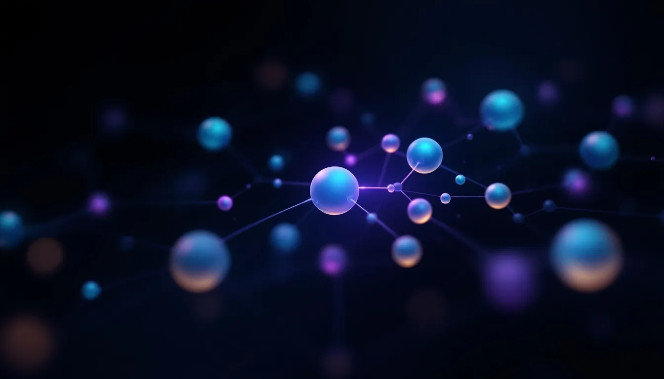 Abstract network of glowing teal nodes on a dark background representing an SEO knowledge graph and content connections
