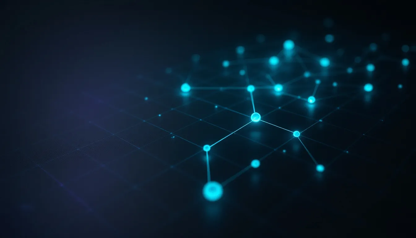 Abstract glowing teal grid with pulsing data nodes on a dark background, representing SEO keyword research pathways and search opportunity