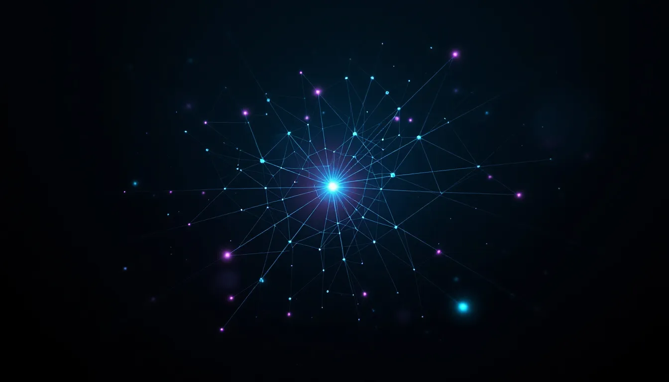 Abstract geometric network diagram with teal glowing nodes on a dark background, representing SEO tooling data pathways and site architecture