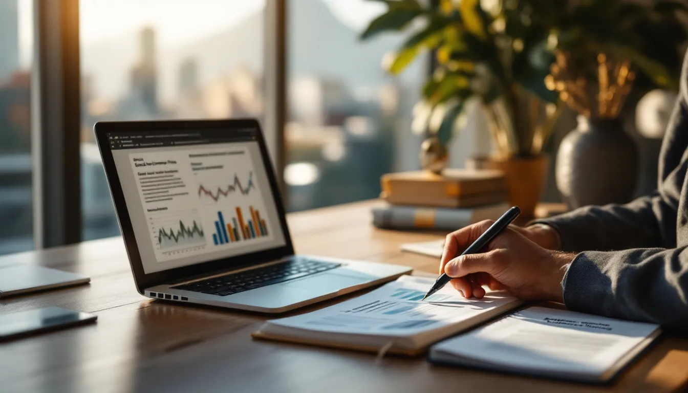 A South African wealth manager reviewing Shari'ah-compliant investment fund documents at a professional desk with laptop, financial charts, and retirement planning notes