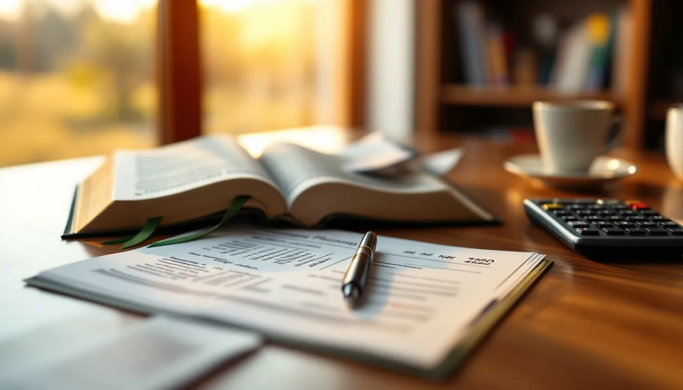 A wooden desk with an open Quran beside printed financial planning documents, investment statements, a calculator and a pen, illustrating Shari'ah-compliant financial planning in South Africa