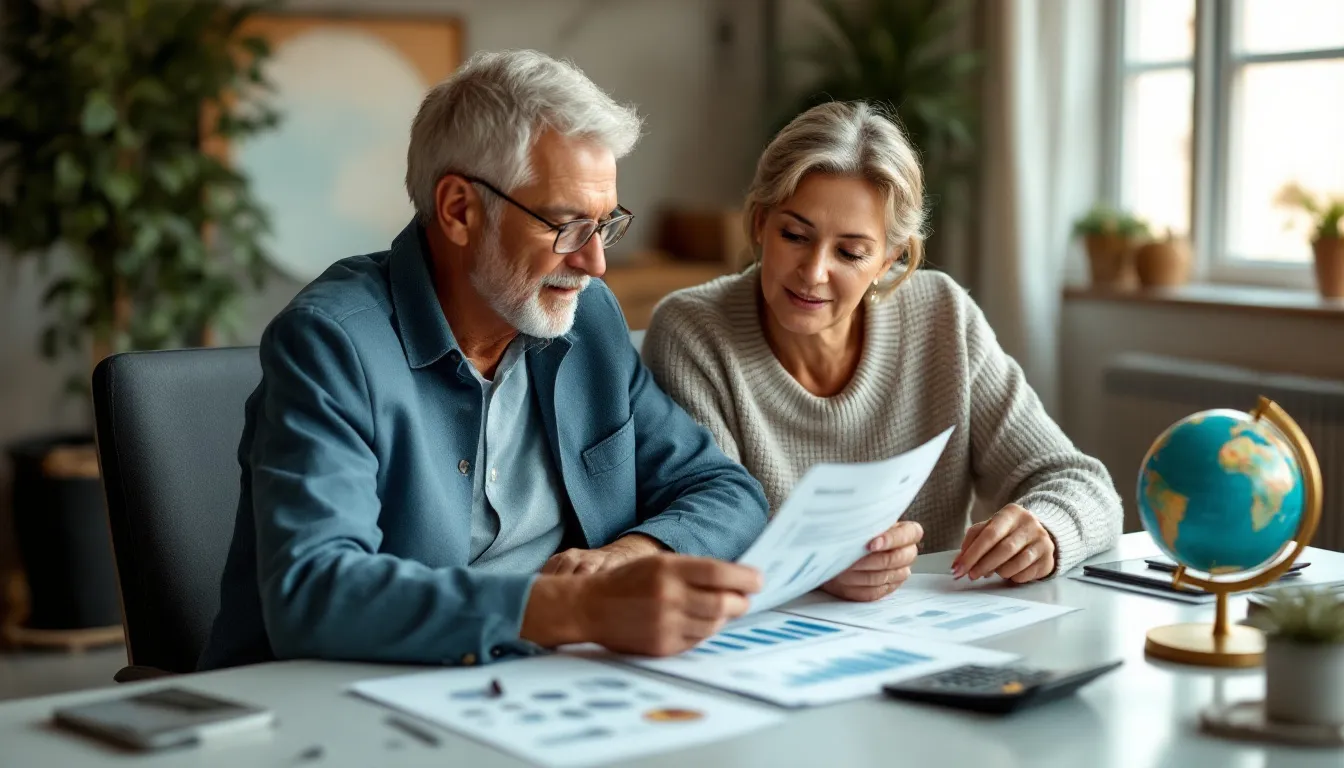 A mature South African couple reviewing Shari'ah-compliant investment documents and portfolio charts at a modern desk, planning how to invest a substantial lump sum.