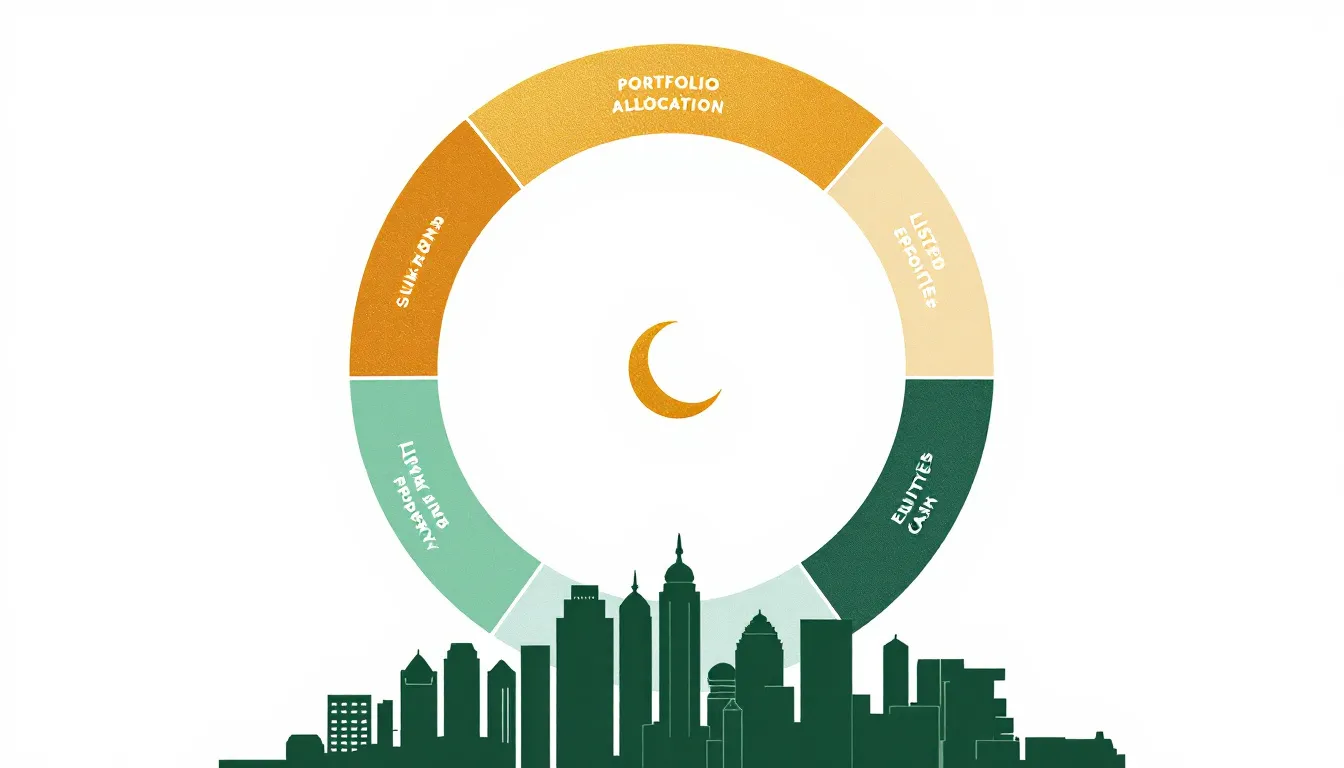 Circular portfolio allocation chart divided into Shari'ah-compliant asset classes including sukuk, equities, listed property and cash, with a crescent motif at the centre and a South African city skyline silhouette beneath
