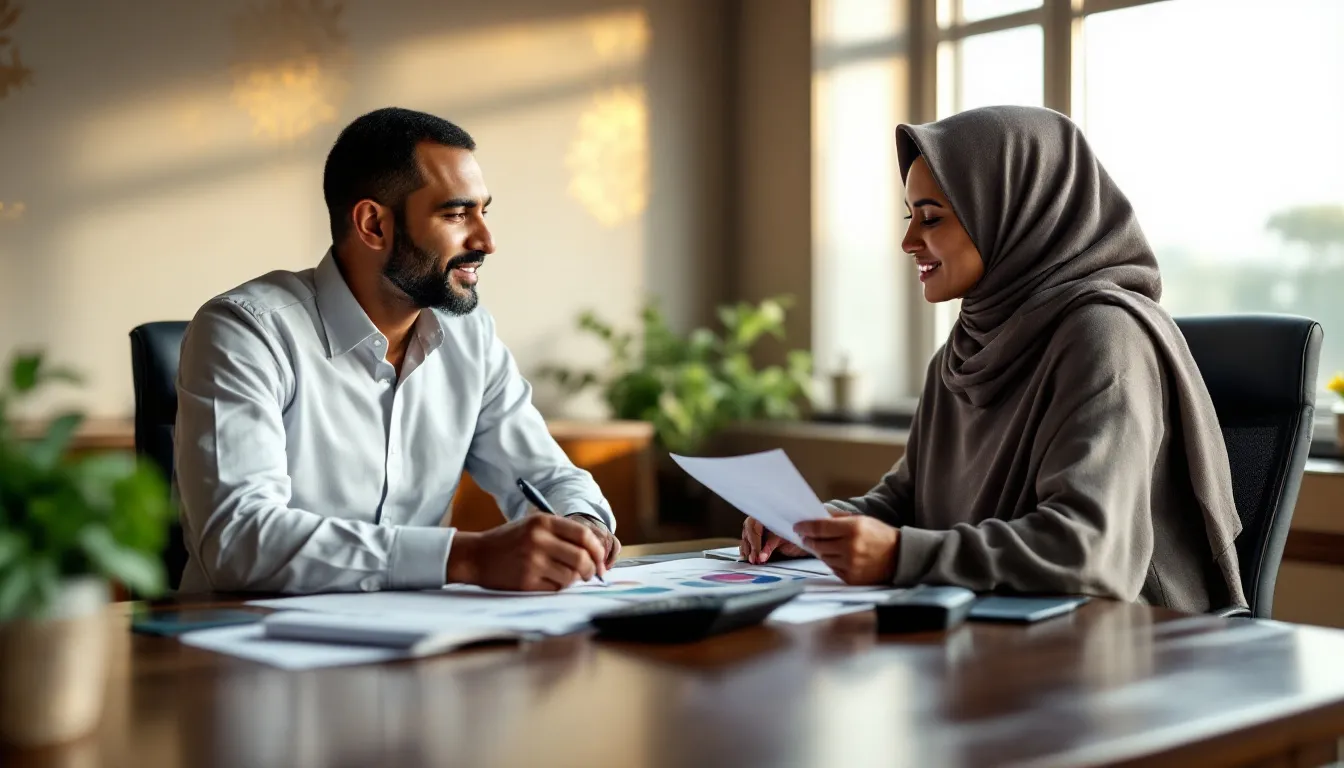 A South African financial advisor discusses a Shari'ah-compliant investment plan with a Muslim couple at a professional office desk, with portfolio documents and a calculator in view.