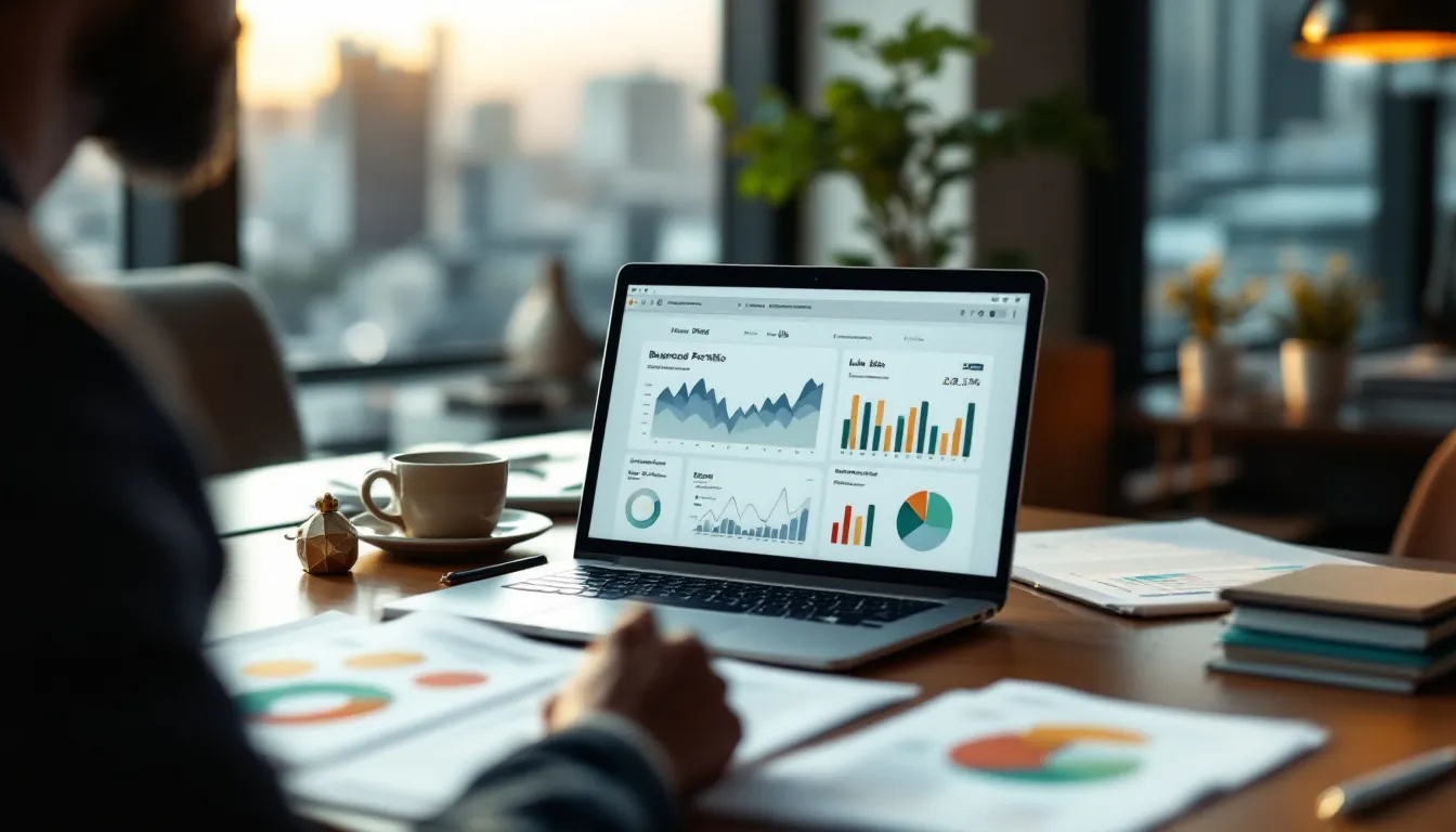 A professional investor reviewing Shari'ah-compliant investment portfolio documents and performance charts on a laptop in a modern South African office setting, representing ethical and values-aligned retirement planning.