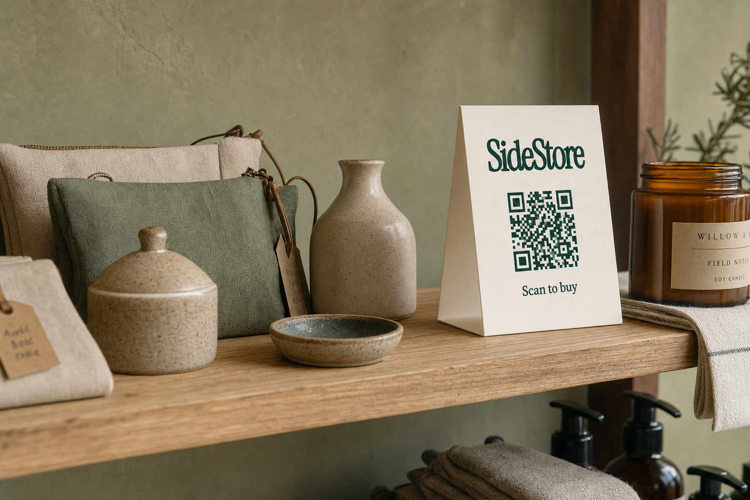 A curated boutique shelf with handmade ceramics, linen pouches, and a candle beside a standing ivory SideStore tent card showing a navy green QR code and scan-to-buy text.