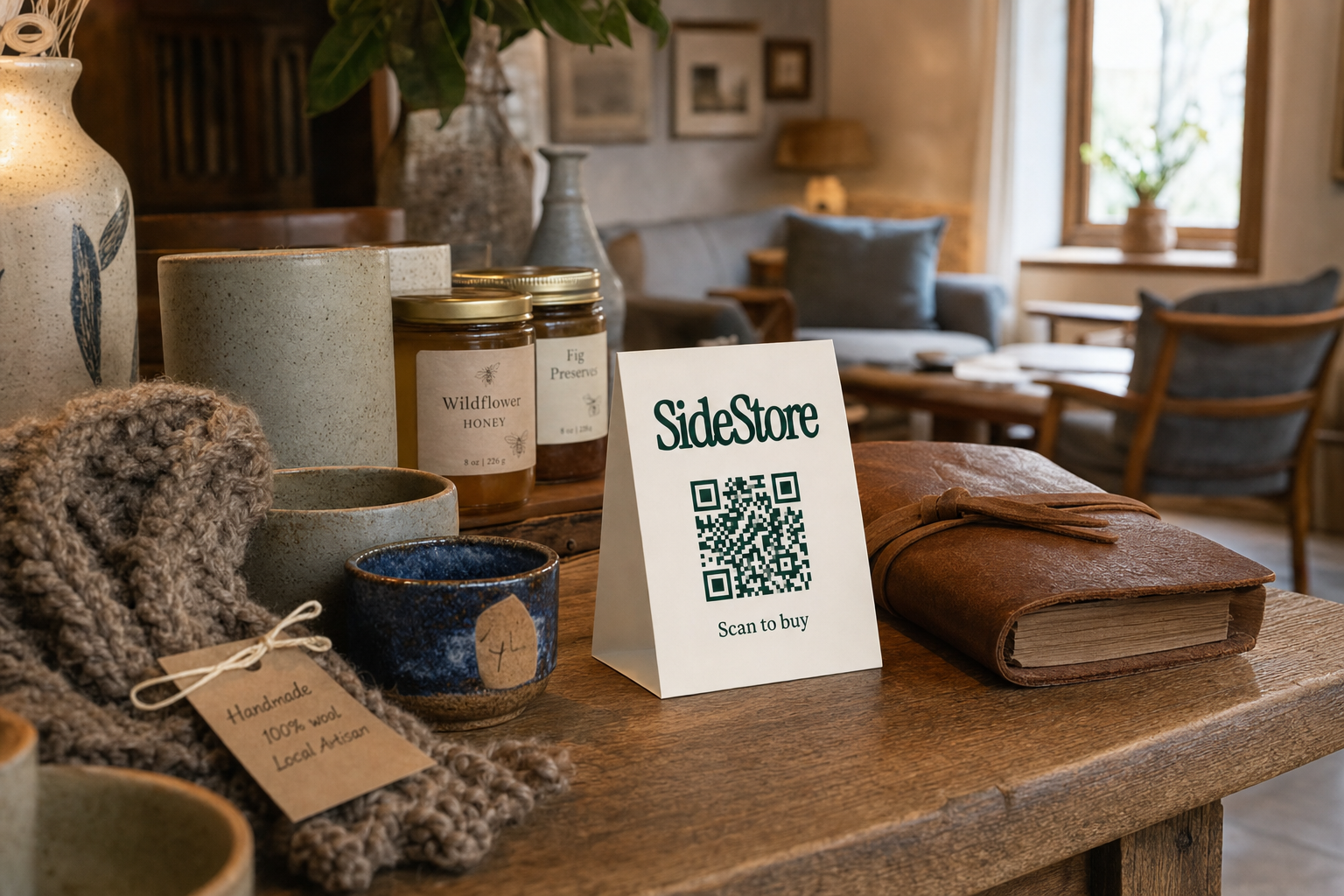 A bed and breakfast common room with a small wooden table displaying handmade artisanal products and a SideStore QR card for scan-to-buy checkout