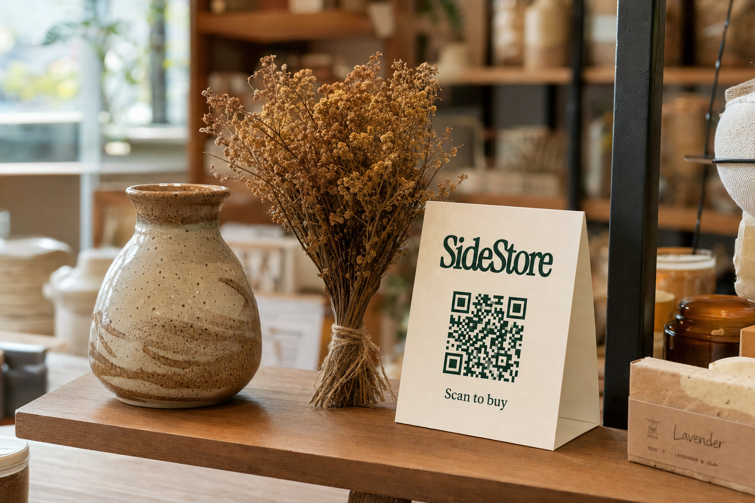 A handmade ceramic vase and dried flowers displayed on a wooden boutique shelf beside a folded SideStore scan-to-pay card with QR code.