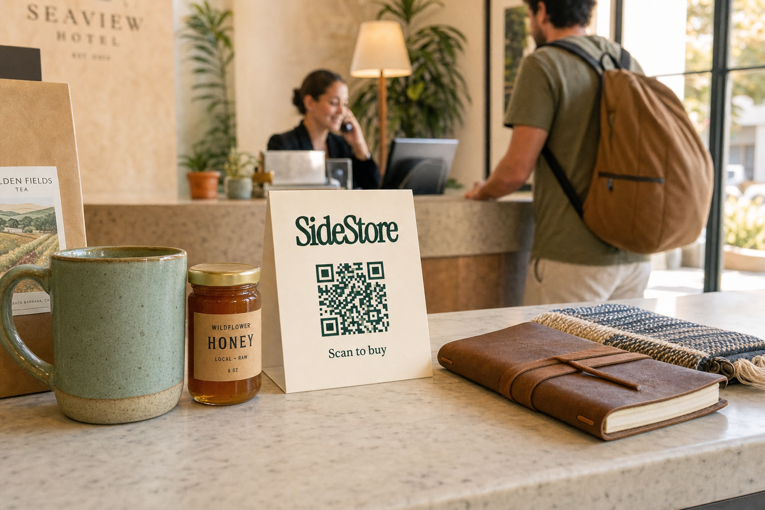 SideStore QR tent card displayed on a hotel reception desk beside local artisan products, inviting guests to scan and purchase.