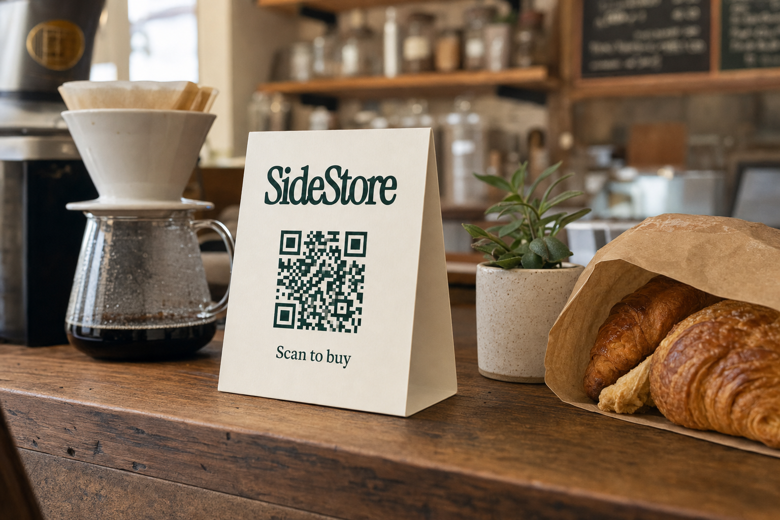 A folded ivory SideStore QR card standing on a wooden cafe counter next to coffee, plants, and pastries, morning light, independent coffee shop setting